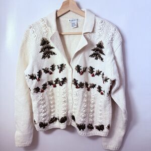 Vtg Wool Sweater Cardigan Womens L Chunky Ivory Cable Knit Cabincore Grandmacore